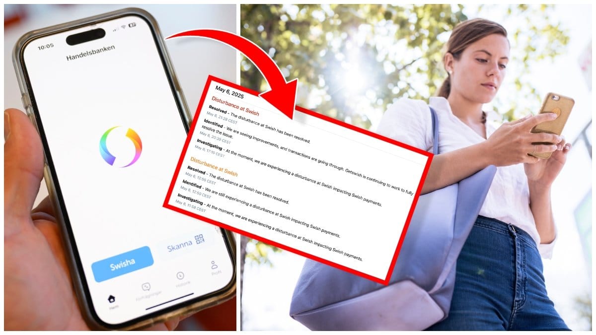 Swish-appen i en mobiltelefon, text om driftstörningar hos Swish och en ung kvinna som tittar på en mobiltelefon.