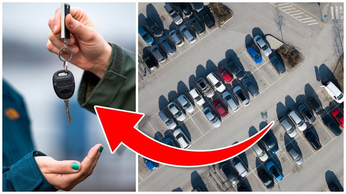 En bilnyckel överlämnas mellan två personer och en parkeringsplats med bilar.