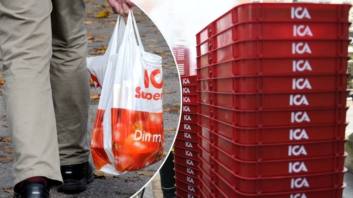 Bilder på en Ica-kasse och Icas kundkorgar.