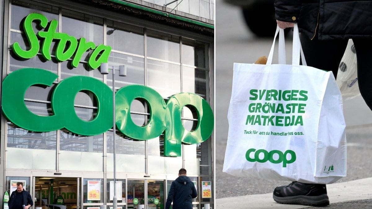 Bild på Stora Coops entré och en Coopkasse.