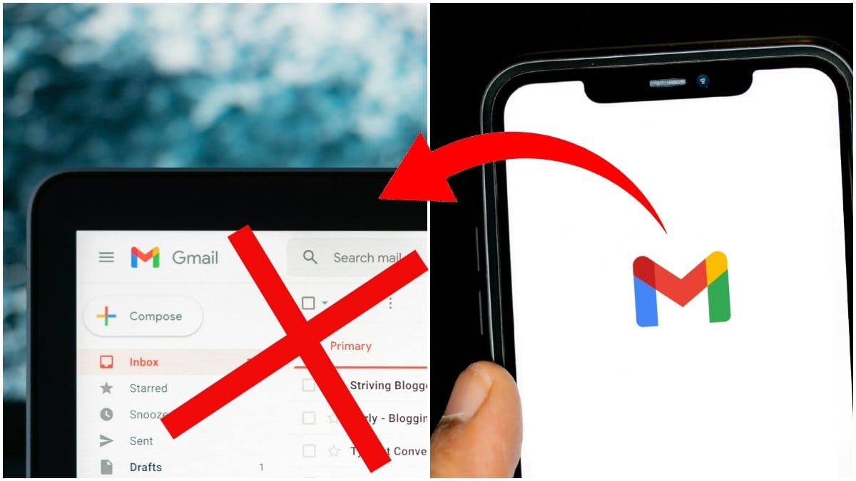 en mejlinkorg med ett kryss över och en mobil med Gmail.