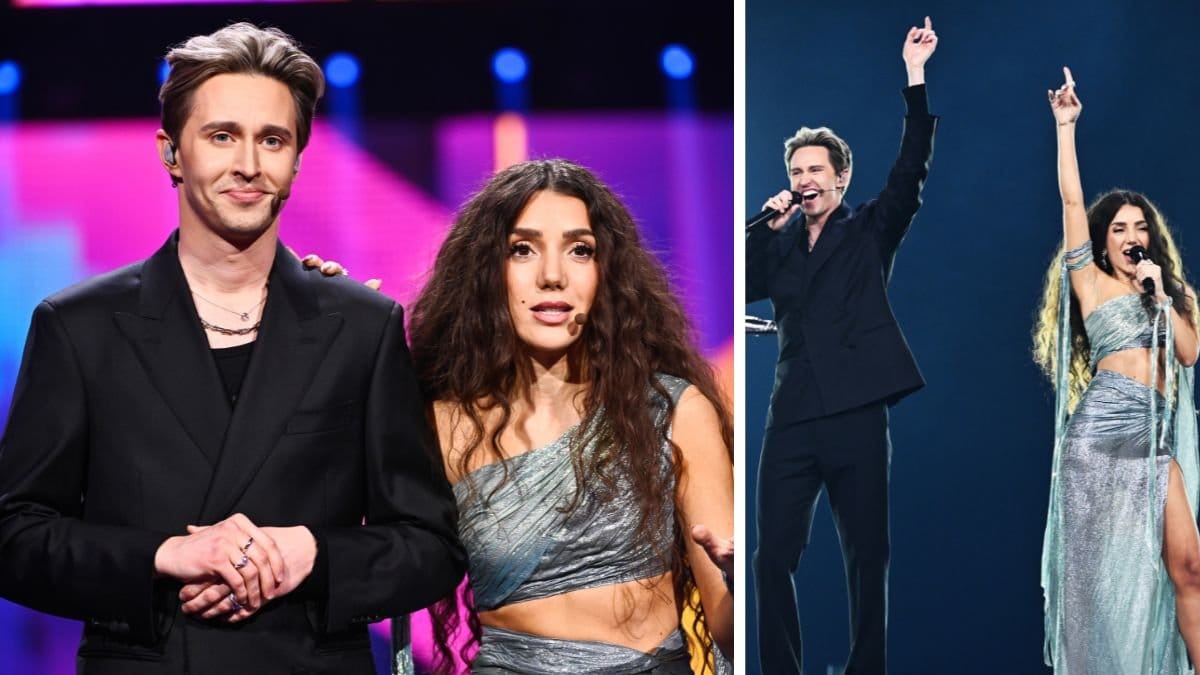 Närbild, Gina Dirawi, Hampus Nessvold vänster, Gina Dirawi och Hampus Nessvold på scen tilll höger.