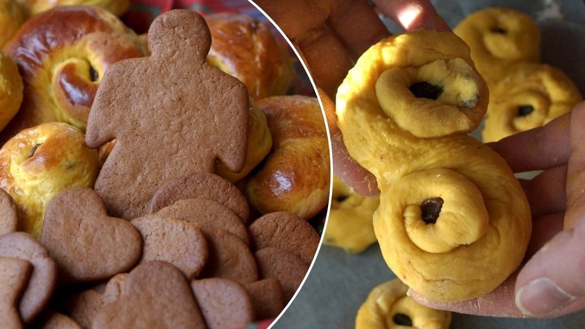 Bilder på lussekatter och pepparkakor.