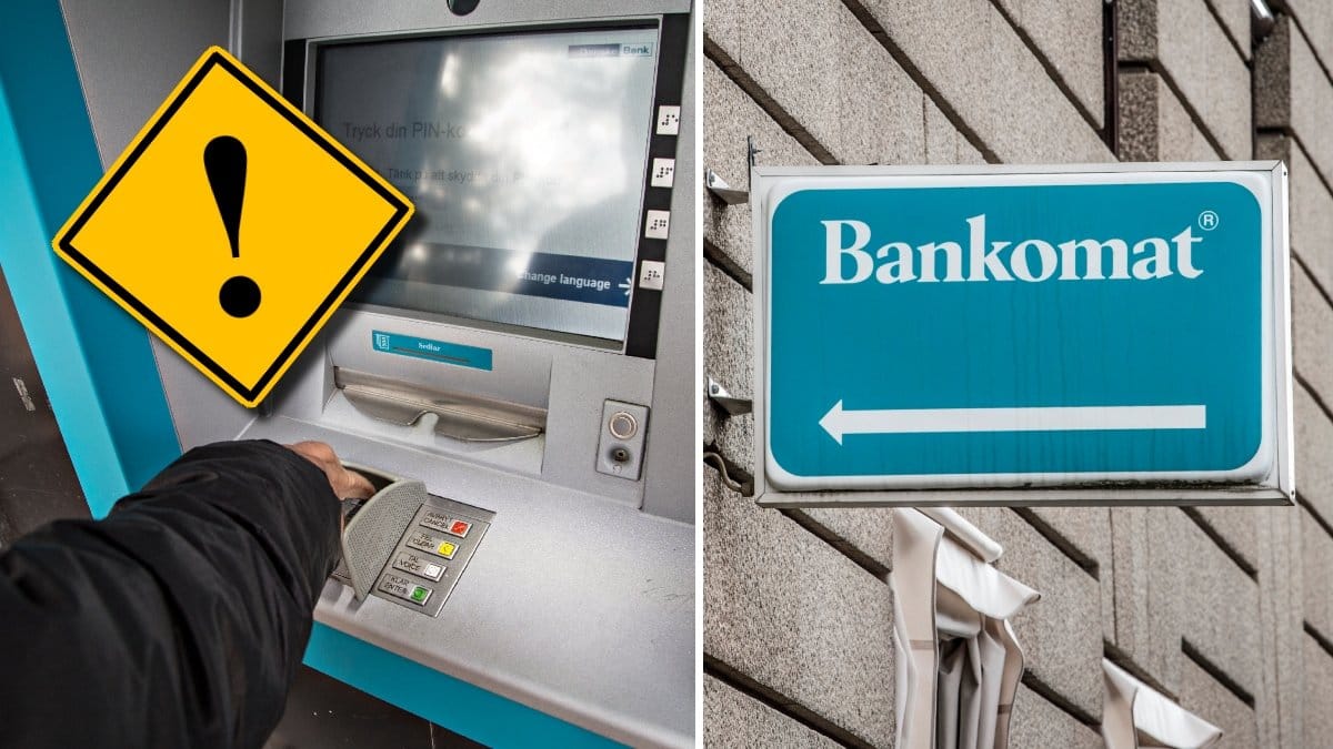 En person tar ut pengar i en bankomat och en Bankomat-skylt.