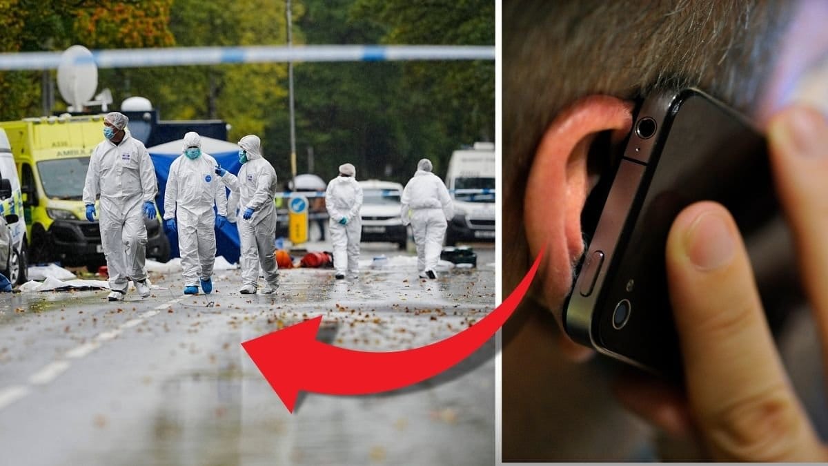 Bild från brottsplatsen i Manchester till vänster. Till höger bild på en person med mobilen mot örat. Röd pil pekar från höger till vänster. 