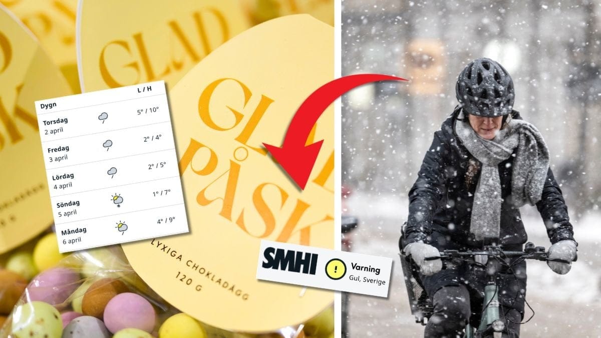 Glad påsk och en kvinna som cyklar i snö.