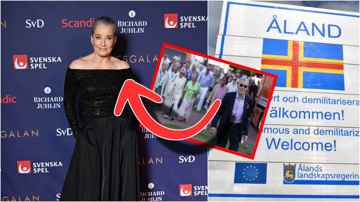 Arkivbild på Agneta Sjödin,Anders Wiklöf och Ålands flagga
