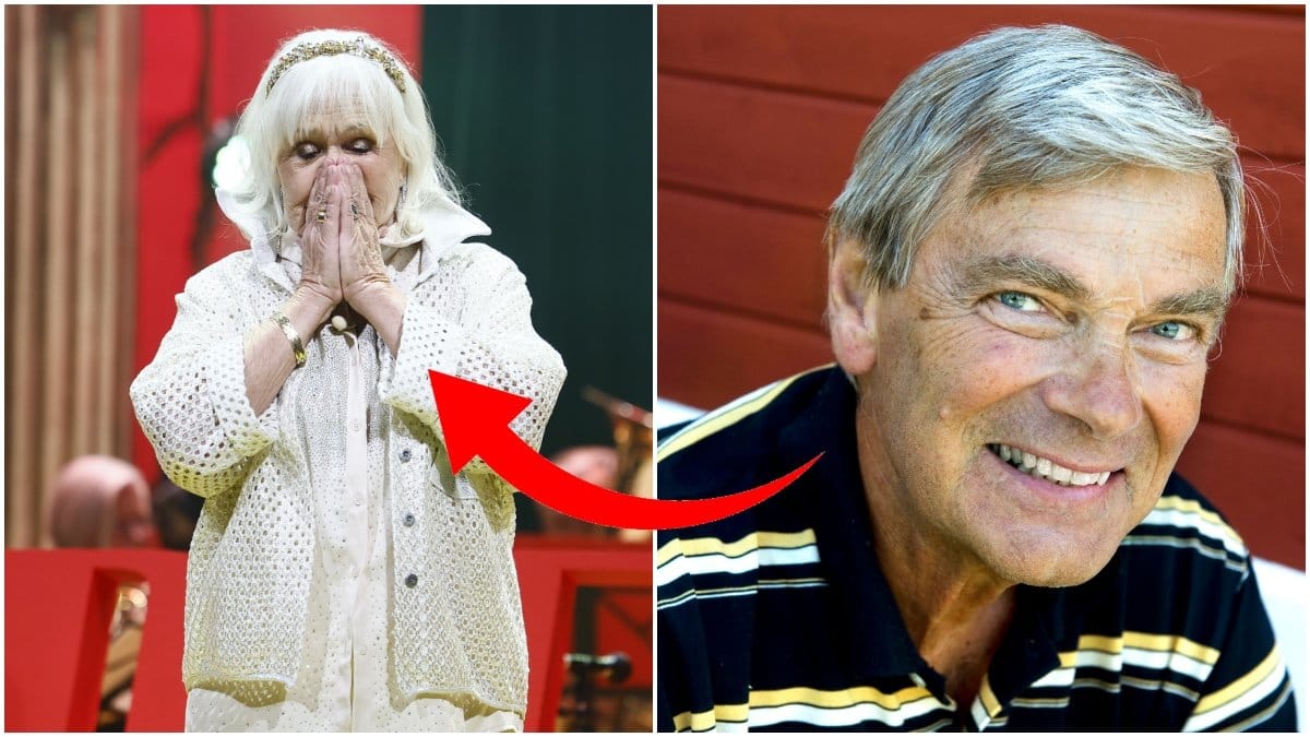 Christina Schollin håller sig för munnen, jämte ler Hans Wahlgren mot kameran.