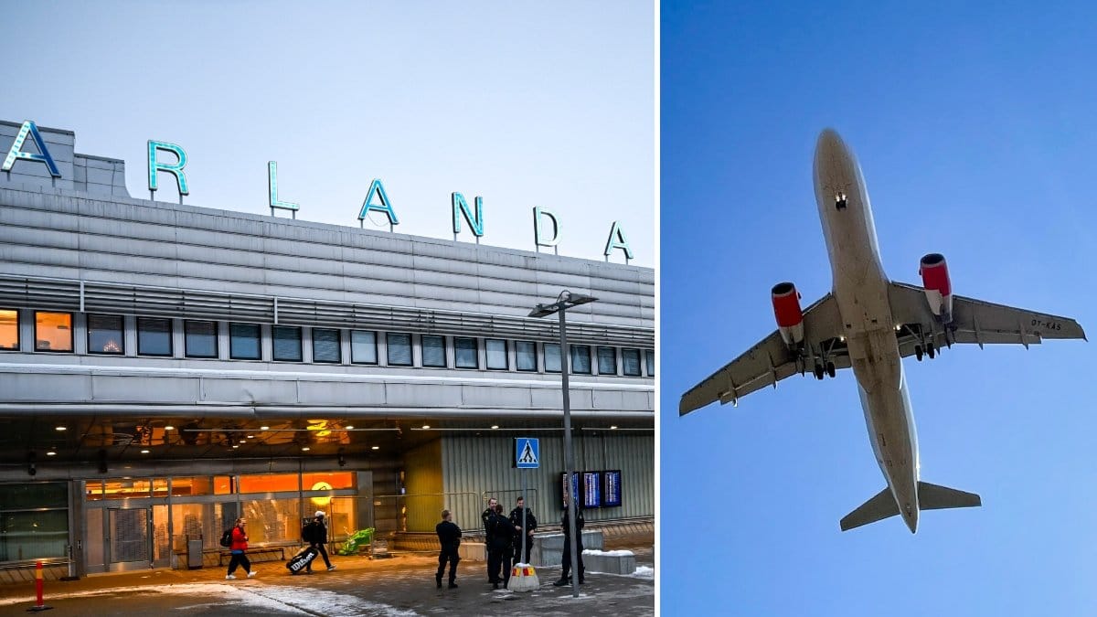 Bild på Arlanda och ett flygplan underifrån.
