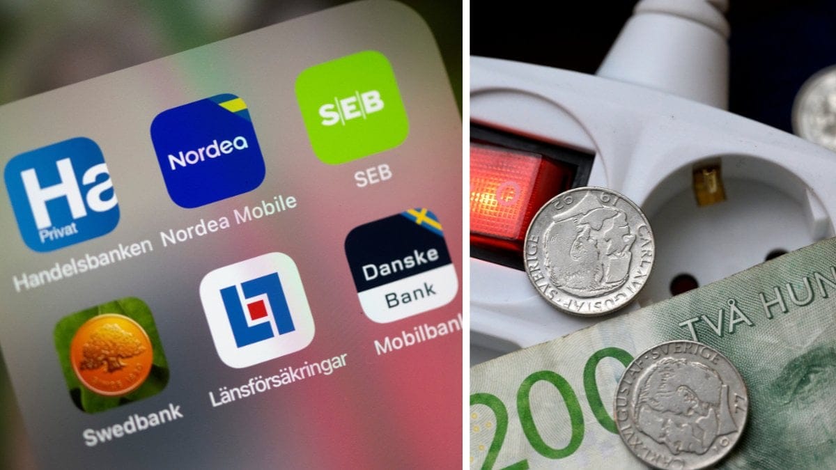 Bank-appar på en mobil vänster. Pengar som ligger på ett kontaktuttag höger.