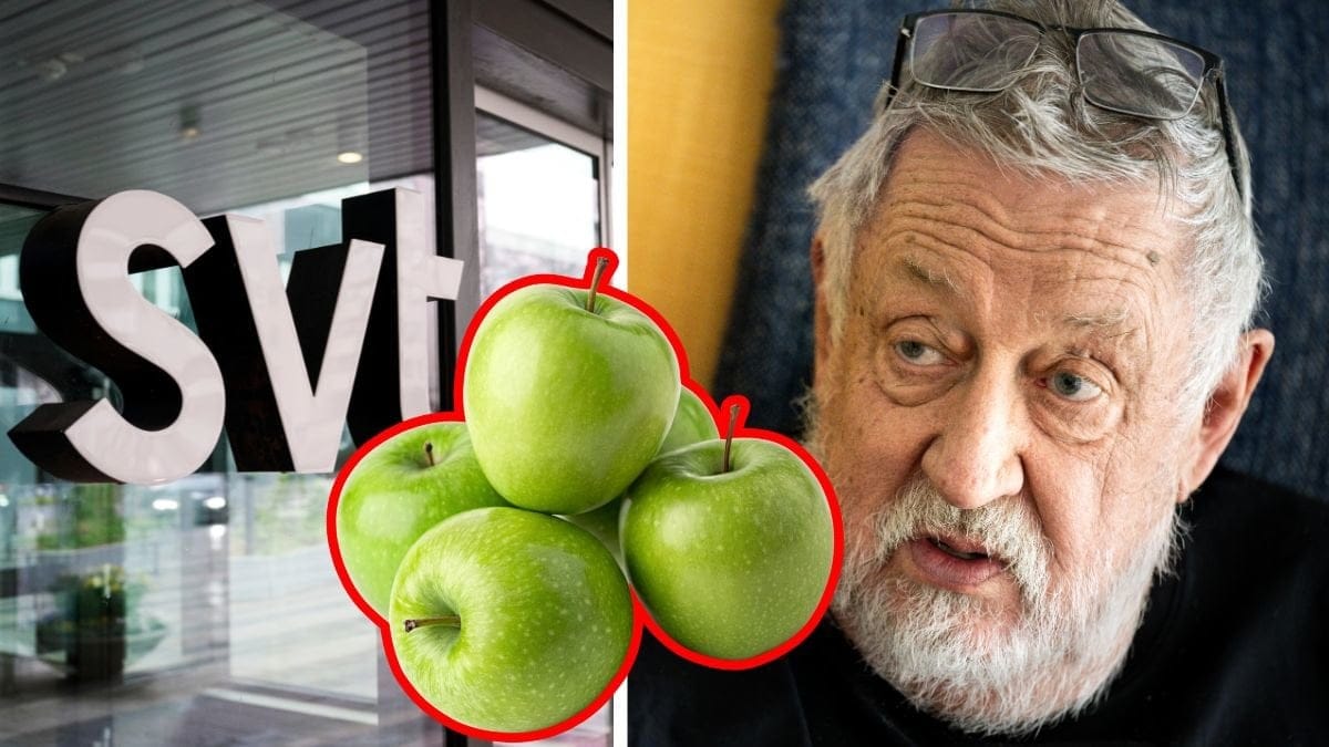 SVT-skylt vänster, närbild Leif GW Persson höger. Utklippta gröna äpplen i mitten.