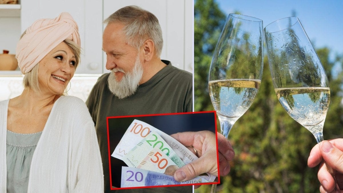 Äldre par, pengar och bubbelglas.