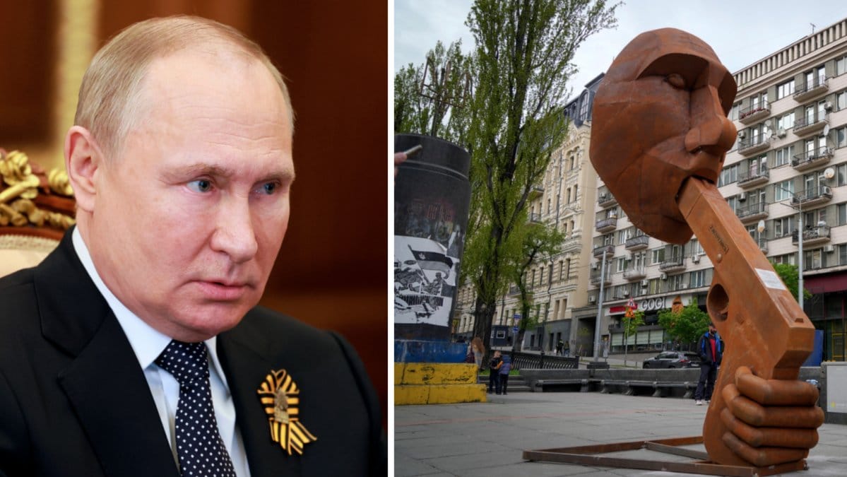 Konstverket föreställer Putin med en pistol mot munnen.