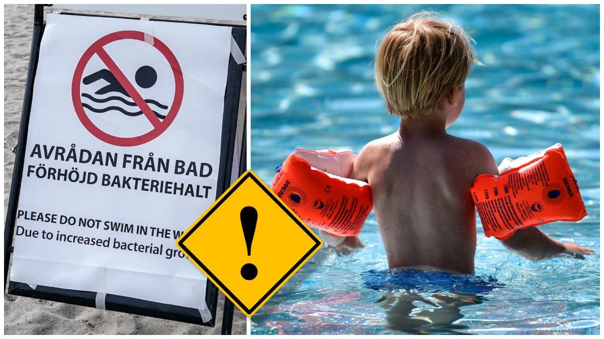 Skylt om avrådan från bad och ett barn som badar i en bassäng