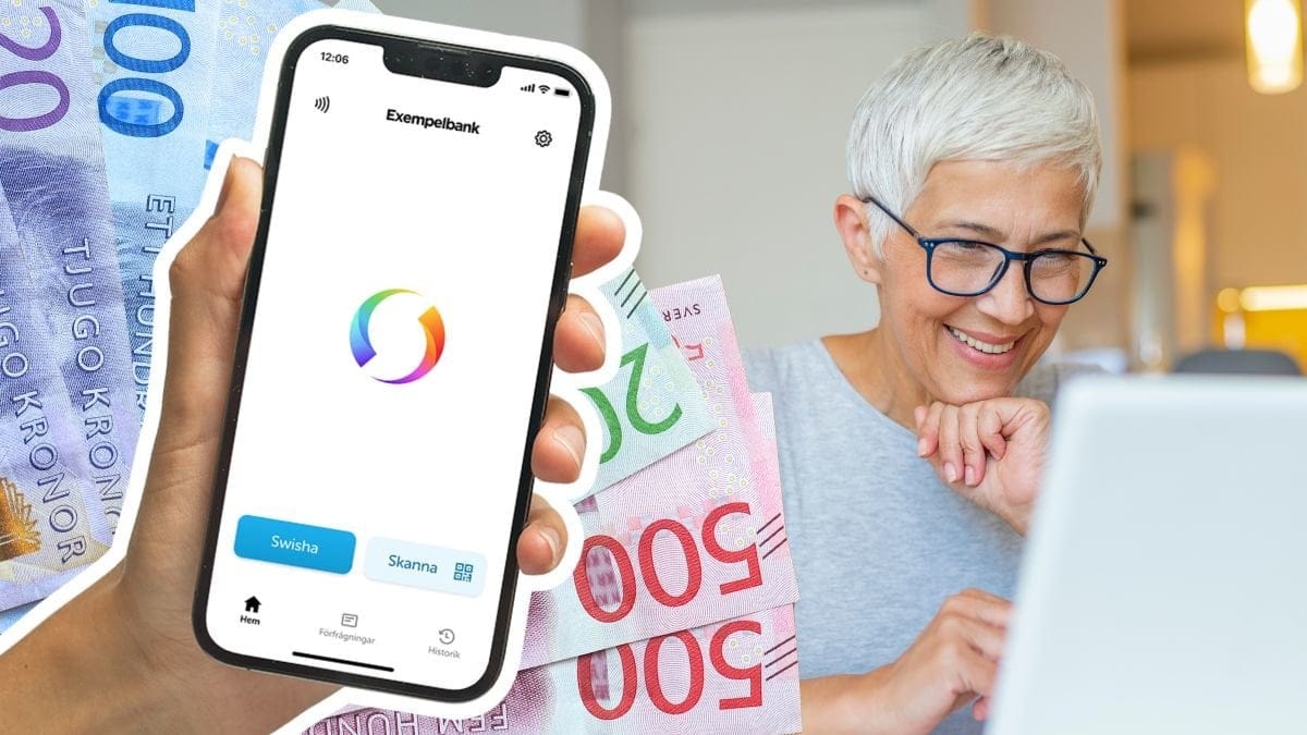 Swish-appen i en mobil, svenska sedlar och en äldre kvinna framför datorn