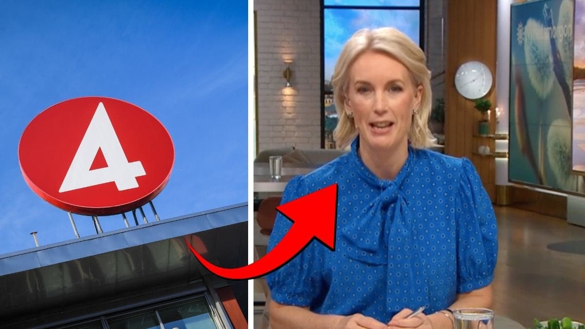 TV4-skylt vänster. Jenny Strömstedt höger.
