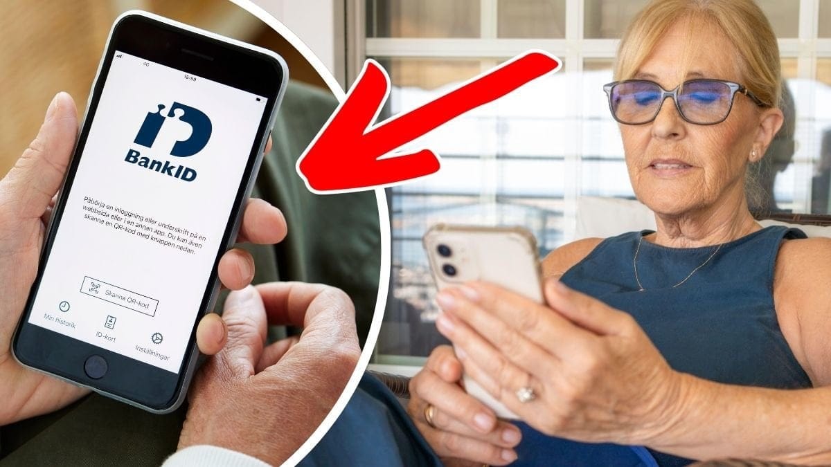 BankID-appen i en mobiltelefon och en kvinna med mobil