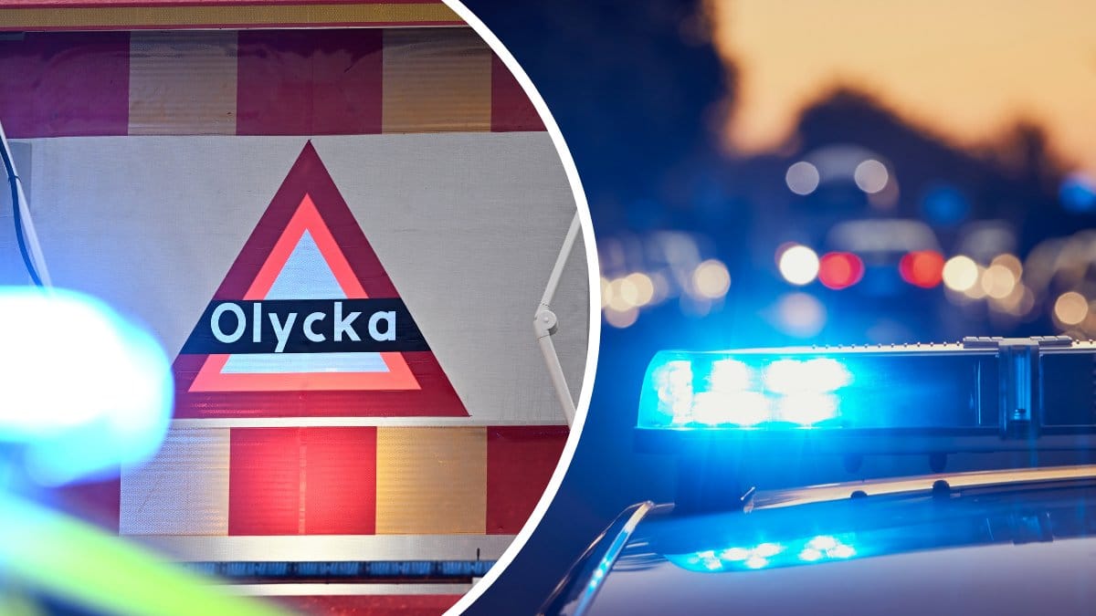 olycka-skylt vänster. Blåljus polisbil höger.