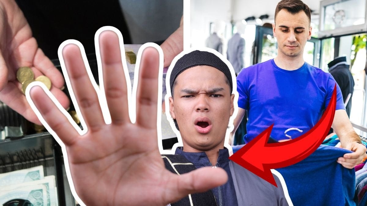 Kassa vänster. Man med en t-shirt höger. En man som håller upp handen i en stopp-rörelse i mitten.