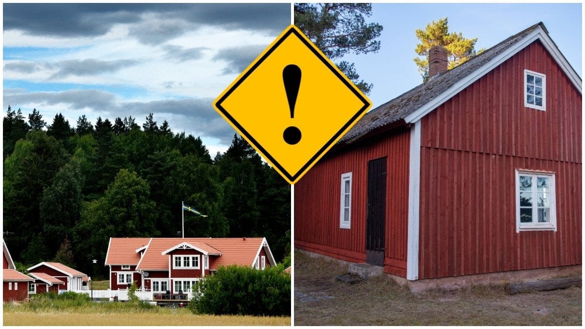 Ett villaområde med tåv röda hus och en röd stuga.