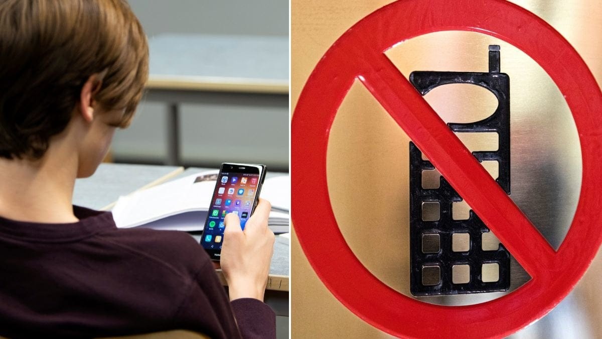 Pojke med mobil i skolan och en skylt som indikerar mobilförbud.