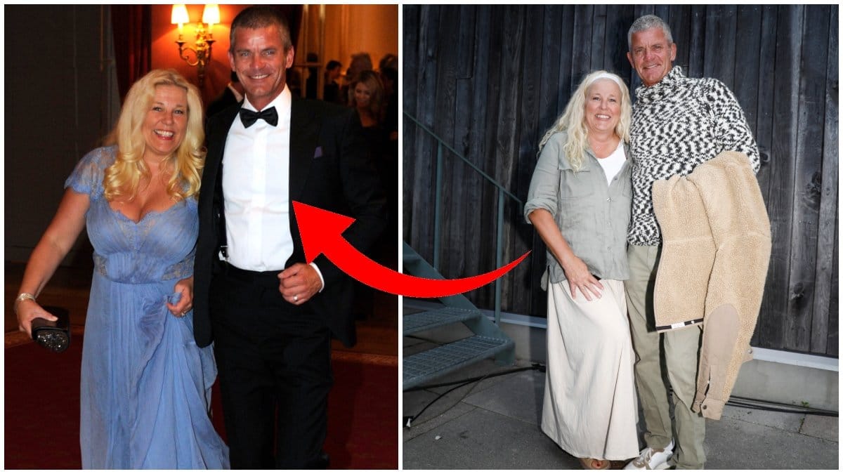 Mia och Jesper Parnevik i stiliga balkläder, Mia i blå klänning och Jesper i frack. Till höger syns paret i mer vardaglia kläder, hålla om varandra innan allsång på Skansen. Bilden är ett montage.