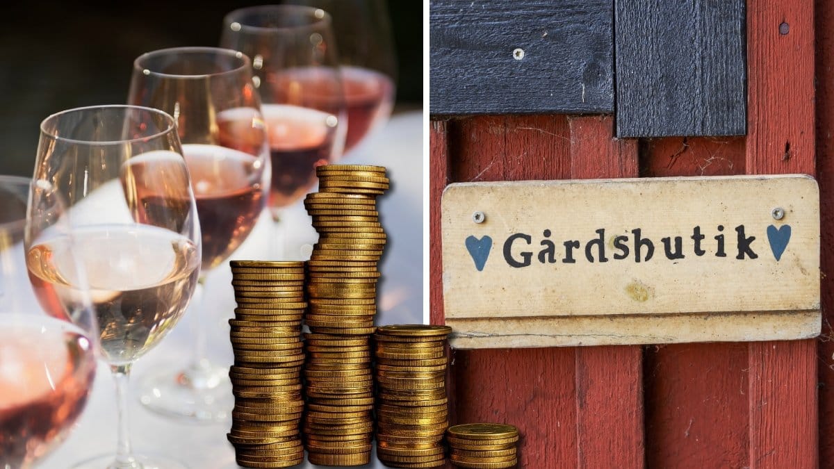 En rad med vinglas och vägghängd skylt som det står Gårdsbutik på.