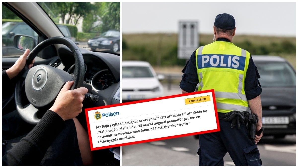 Händer på en bilratt och en polis vid en väg