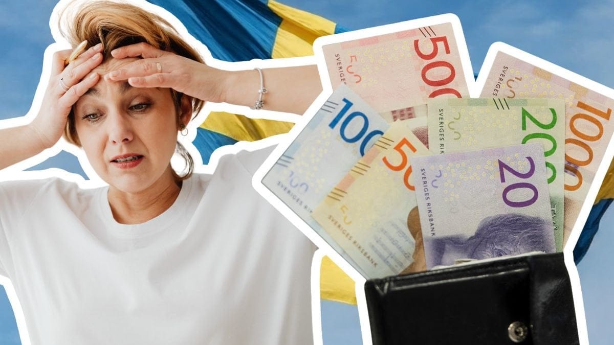 Kvinna med händerna för pannan och sedlar i en plånbok