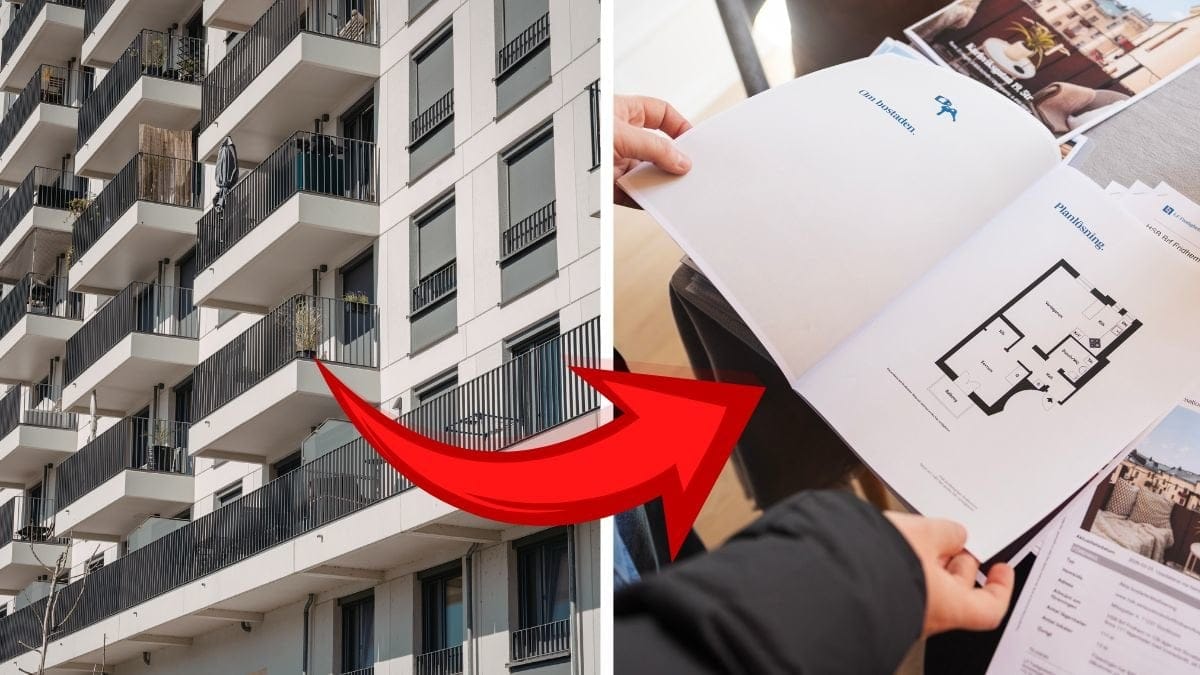 Lägenhetsbyggnad vänster. Planlösningsritning höger.