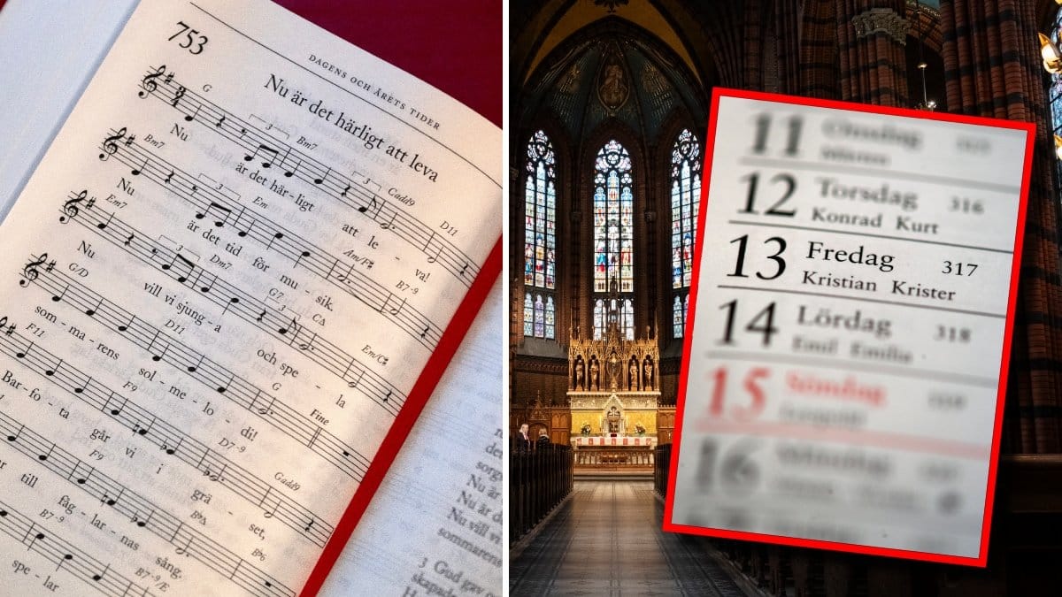 En öppen psalmbok och insidan på en svensk kyrka.