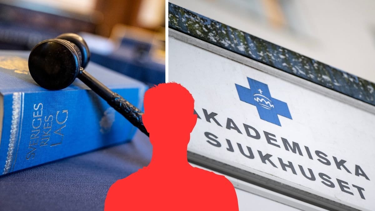 LAgbok till vänster, Röd siluett man i mitten. Skylt på Akademiska sjukhuset höger.