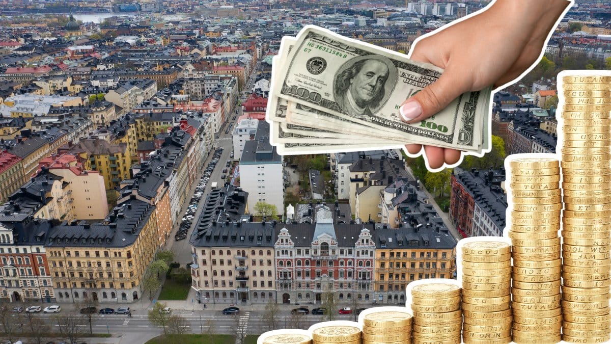Bild från övreperspektiv på ÖStermalm. En mynthög till höger utklippt. En hand som håller ut kontanter utklippt höger.