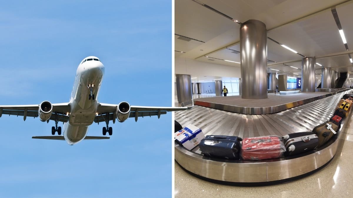 Flygplan och bagageutlämning på en flygplats.
