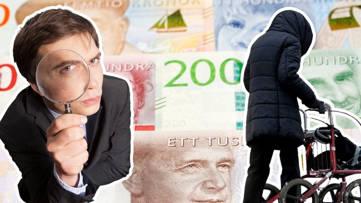 Pengar, pensionär med rollator och en man med förstoringsglas.