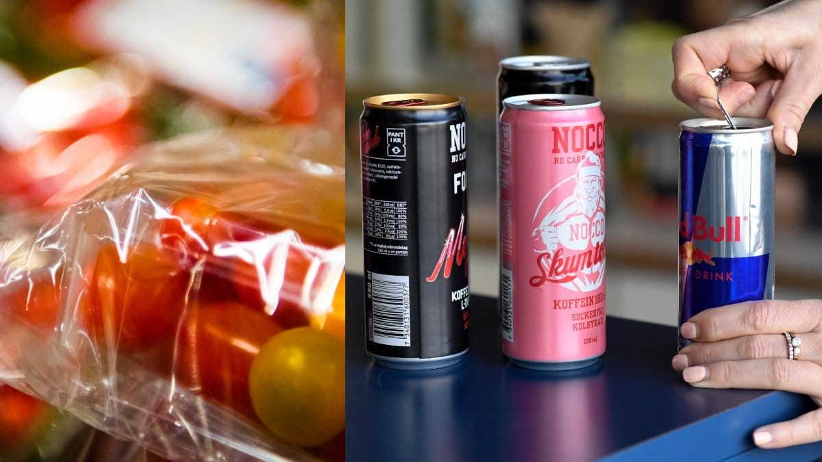 Tomater i plast och energidricka.