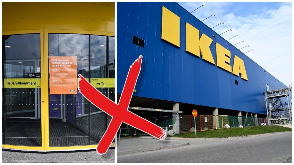 Skylt som visar att Ikea-varuhuset i Uppsala är stängt tills vidare och Ikea-varuhuset i Uppsala.