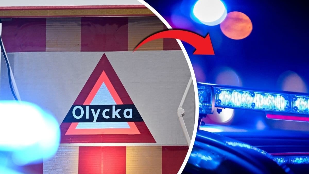 Olyckaskylt till vänster. Blåljus till höger. Röd pil pekar på skylten till blåljus.