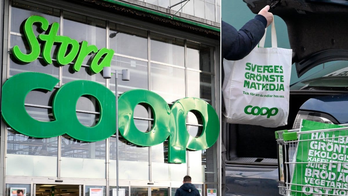 Bilder på en Coop-butik och Coop-matkassar.
