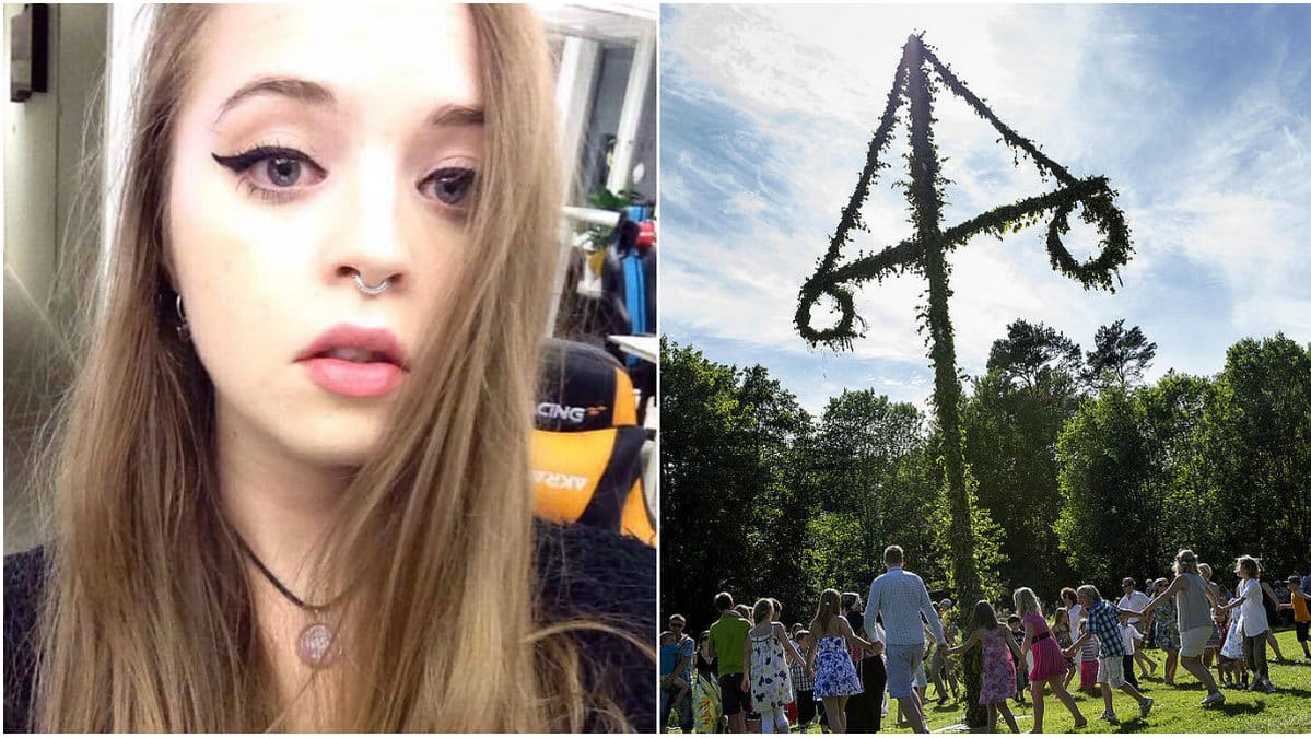 Antonia Backlung samt folk som dansar runt en midsommarstång.