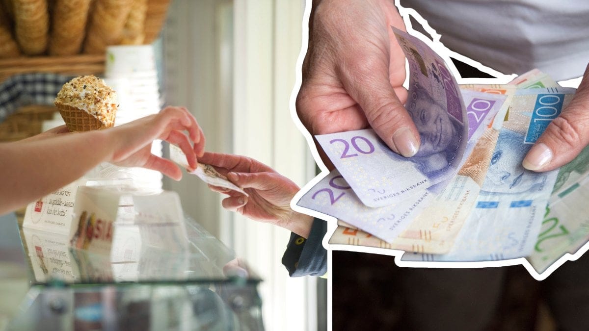Person i en glasskiosk som serverar en kund vänster. Person som håller i kontanter höger. 