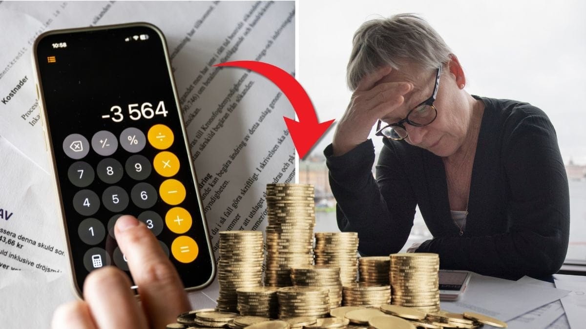 Skulder och en äldre kvinna som har fakturor och inkasso.