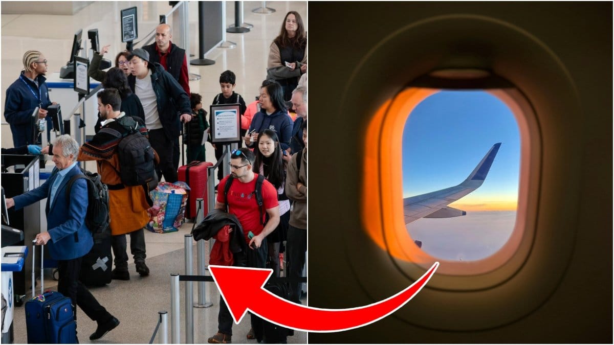 Bild på Arlanda flygplats med massa resenärer och en bild från ett flygplansfönster ut på vingen. 