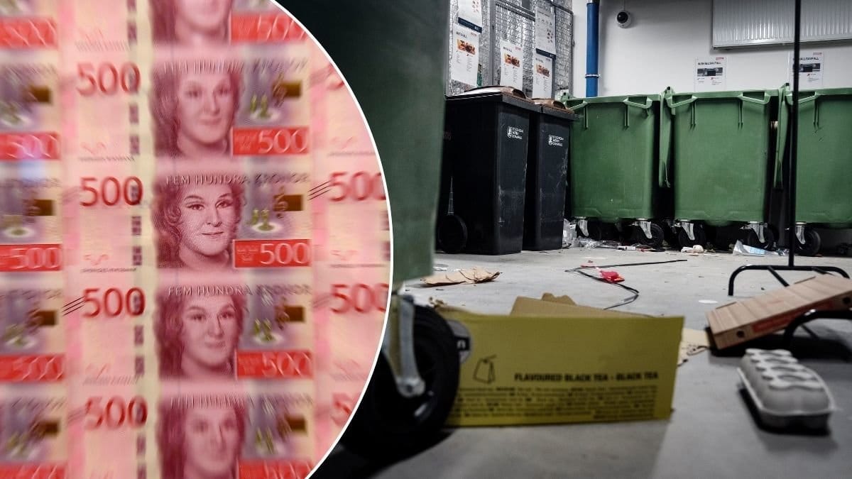 Bilder på nya sedlar och soptunna.