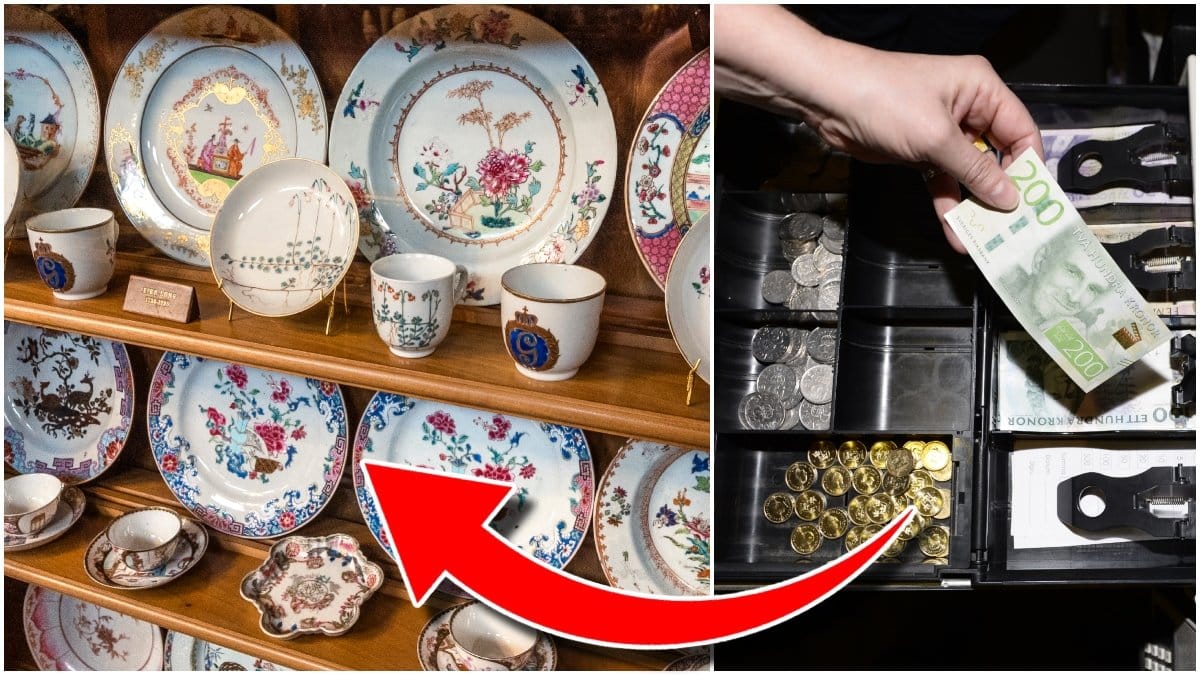 bild på fat på en second hand butik och en bild på en kassa