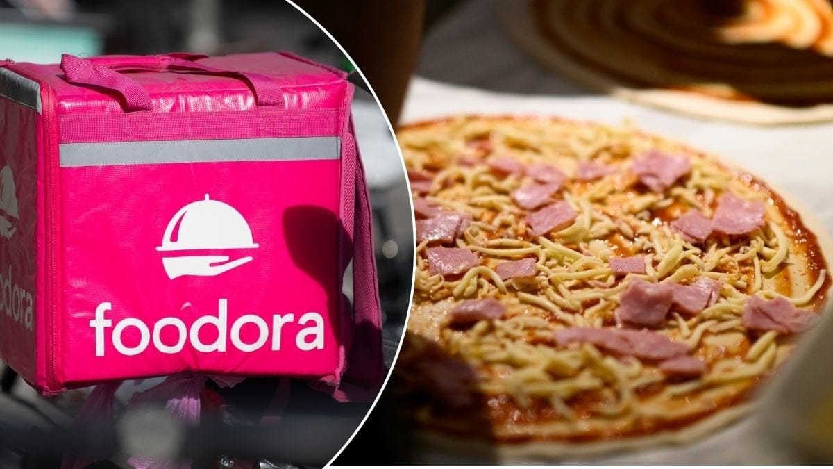 Bilder på pizza och ett foodora-bud.
