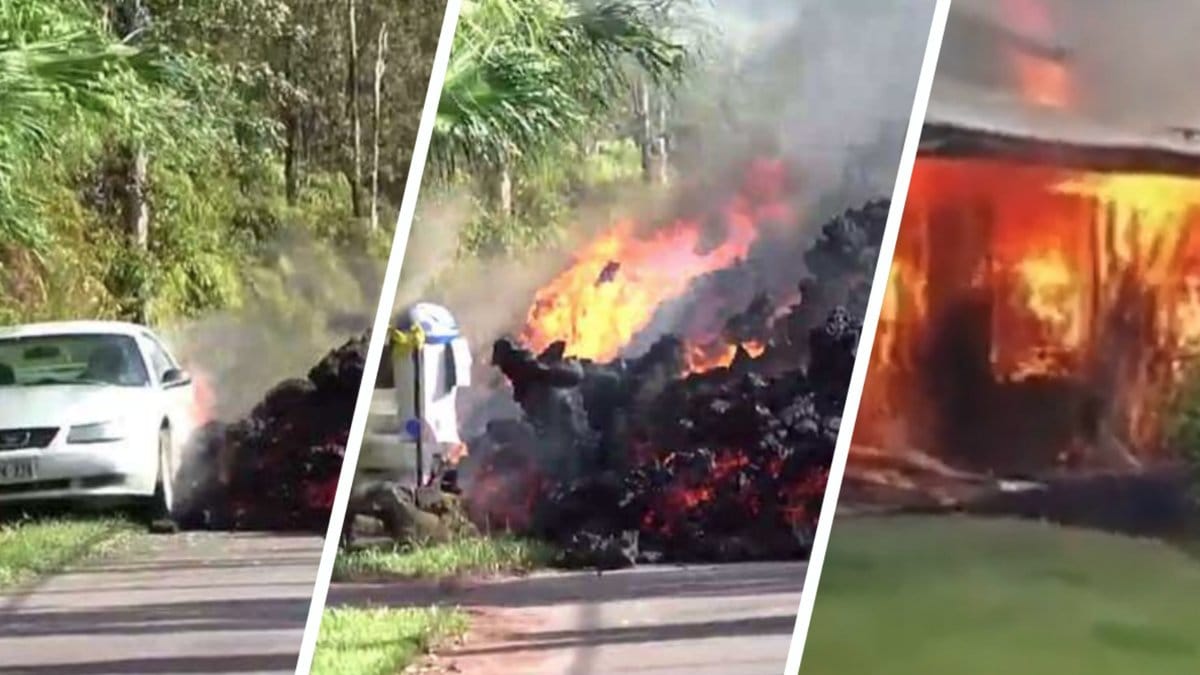 Bil slukas av lava/Brinnande hus