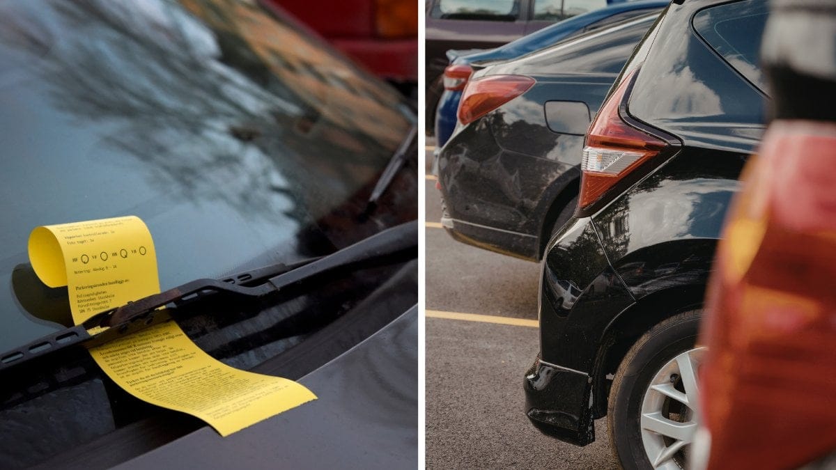 Perkeringsbot på en bils ruta vänster. Flera bilar parkerade på rad höger.