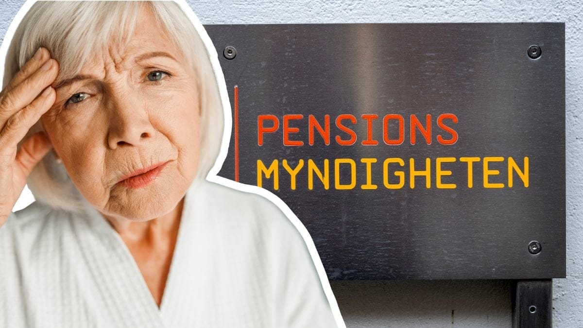 Äldre kvinna och Pensionsmyndighetens skylt