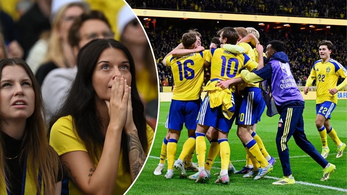 Bilder på supportrar och Sveriges landslag som vinner en fotbollsmatch.